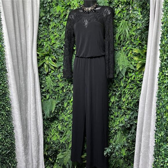 THALIA Jumpsuit Women Small Black Pants Romper Flare Leg Lace Sleeve Accent 2520 - Picture 1 of 8